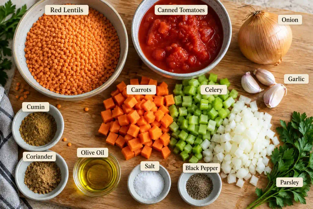 Raw ingredients for lentil soup arranged in an overhead flat lay
