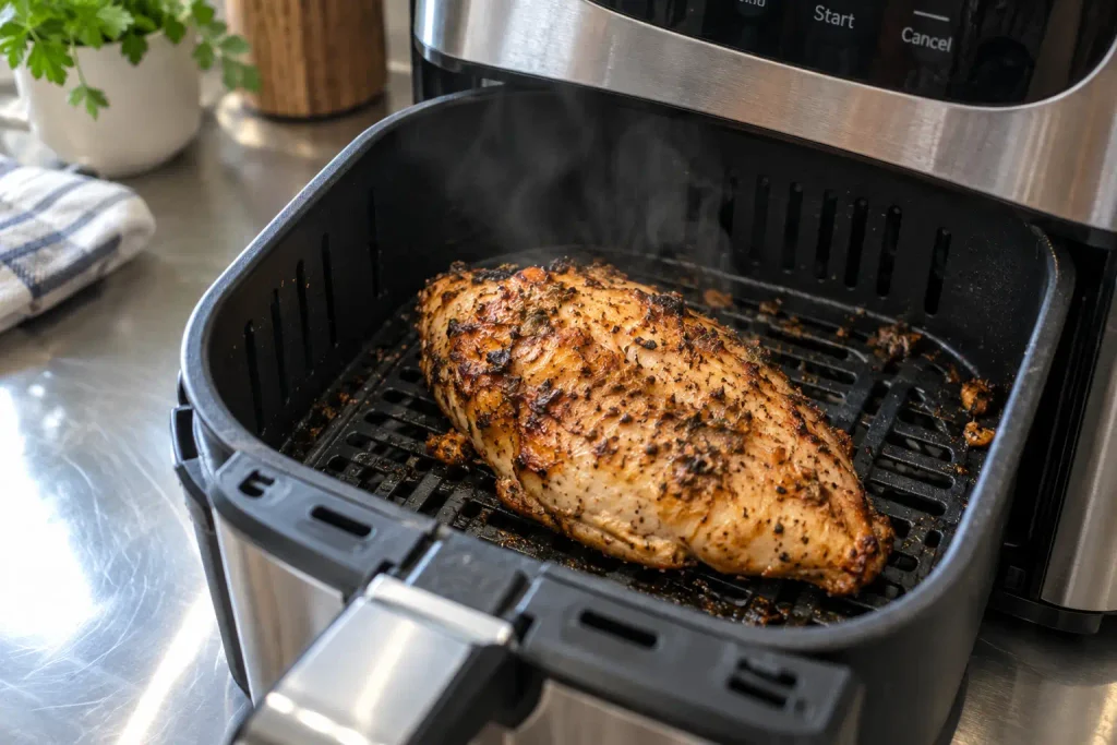 Chicken Breast Recipes: 12 Juicy Ways to Fix Weeknight Dinner 10 Seasoned chicken breast resting in an air fryer basket