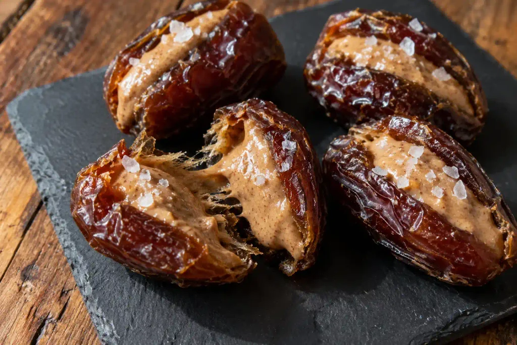 Healthy Snacks: 12 Simple Recipes to Grab Fast or Make Ahead 3 Medjool dates split open and filled with almond butter and flaky salt on a slate plate