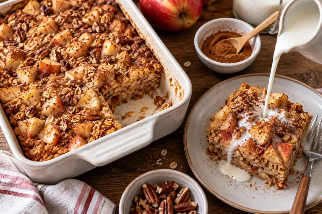 Baking dish of apple cinnamon baked oatmeal with a square served