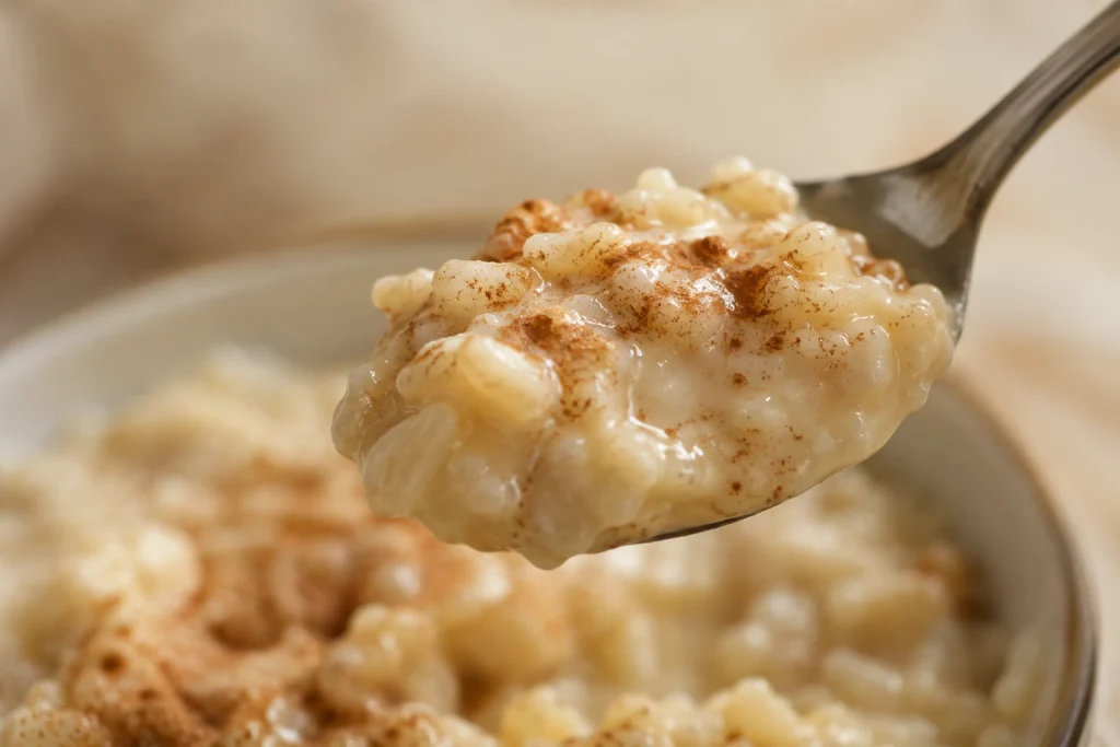 Close up of a spoonful of glossy arroz con leche being lifted from the bowl