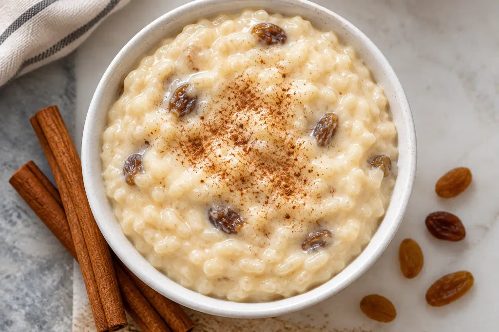 Creamy arroz con leche topped with cinnamon and raisins in a white bowl.