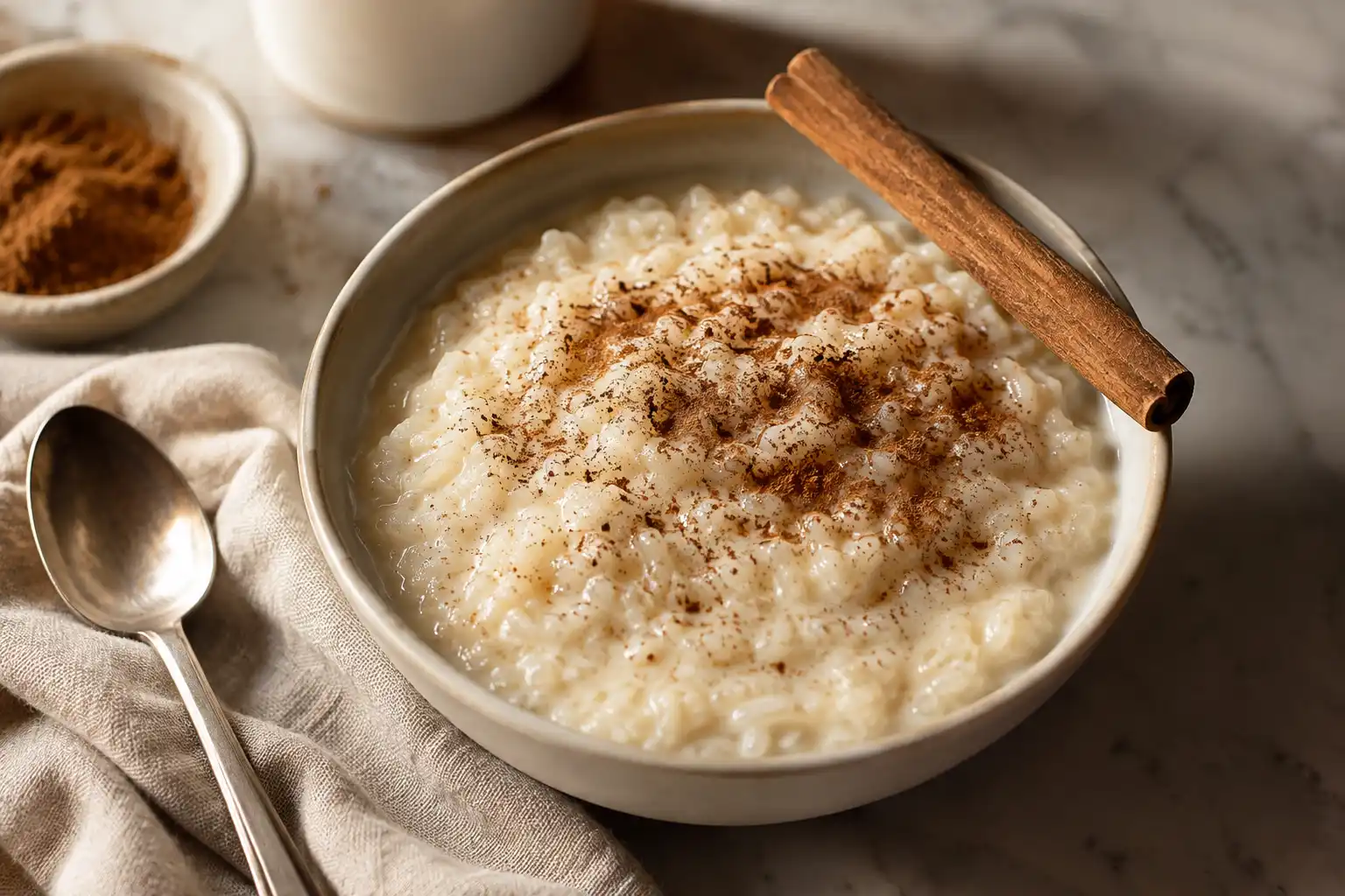 Bowl of creamy arroz con leche topped with ground cinnamon and a cinnamon stick