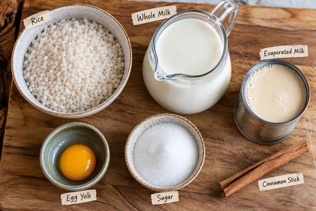 Raw ingredients for arroz con leche laid out on a wooden board before cooking