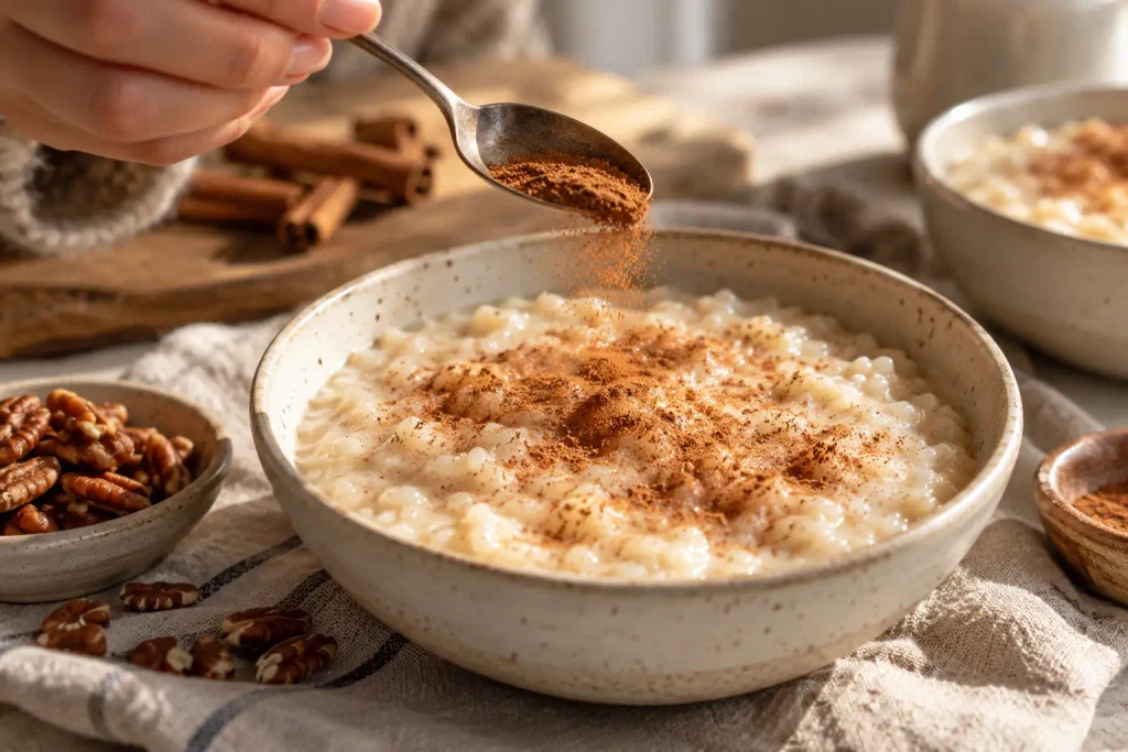 Hand dusting ground cinnamon over a freshly served bowl of arroz con leche