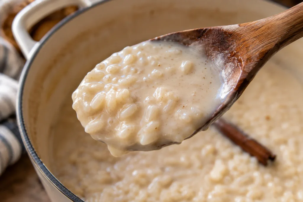 Wooden spoon coated in a thin layer of arroz con leche showing the doneness stage