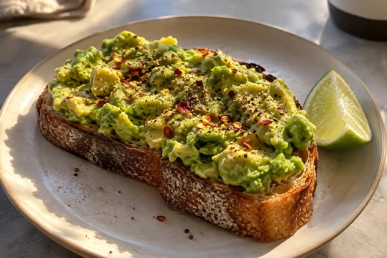 Close-up of avocado toast with chili flakes and a lime wedge