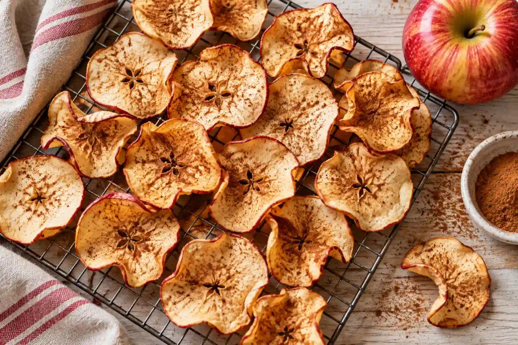 Healthy Snacks: 12 Simple Recipes to Grab Fast or Make Ahead 13 Healthy Snacks Recipe. Curled baked apple chips with cinnamon on a wire rack beside a whole apple.