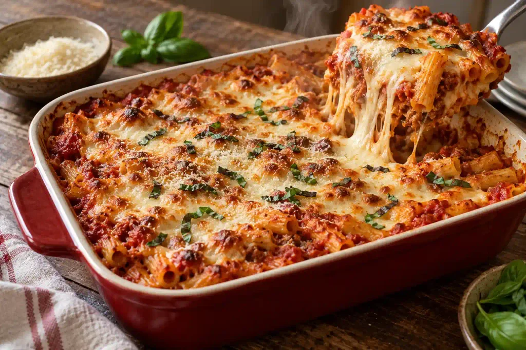 Dinner Ideas: 12 Easy Recipes for Fast Nights and Slow Ones 9 Baked ziti bubbling in a ceramic dish as a spatula lifts a cheesy square
