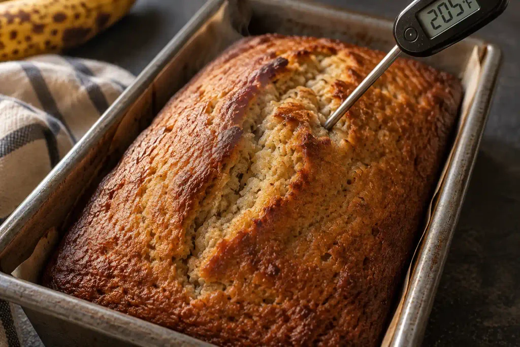 Baked moist banana loaf in a metal pan with a thermometer probe in the center of the split top