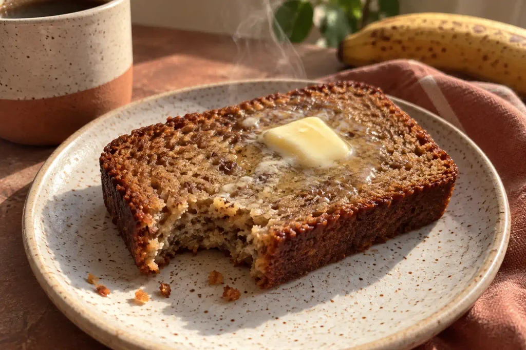 Toasted banana bread slice with melting butter and a bite taken out, served on a speckled plate