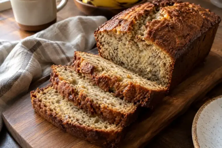 Banana Bread Recipe: Easy 10-Ingredient Loaf by Mash Weight 9 Sliced banana bread loaf with a golden split top on a wooden board beside a linen napkin