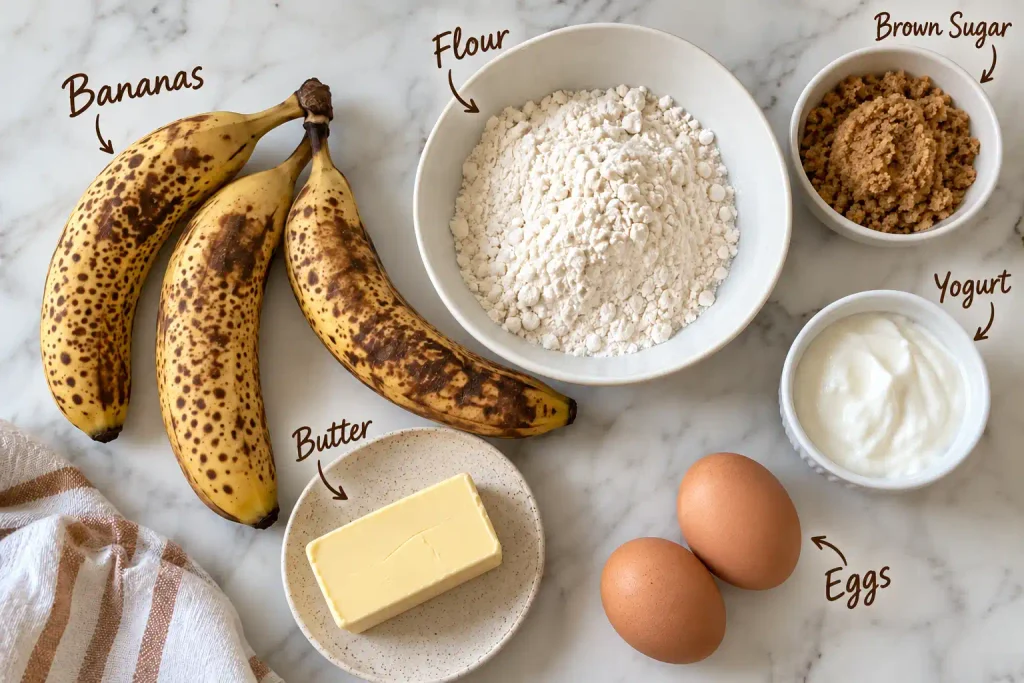 Overhead view of homemade banana loaf ingredients: spotted bananas, flour, brown sugar, butter and eggs