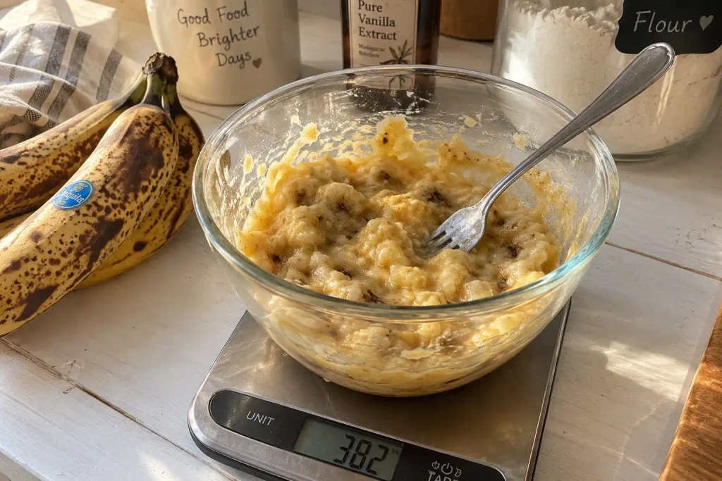 Ripe bananas mashed with a fork in a glass bowl on a scale for an easy banana bread batter