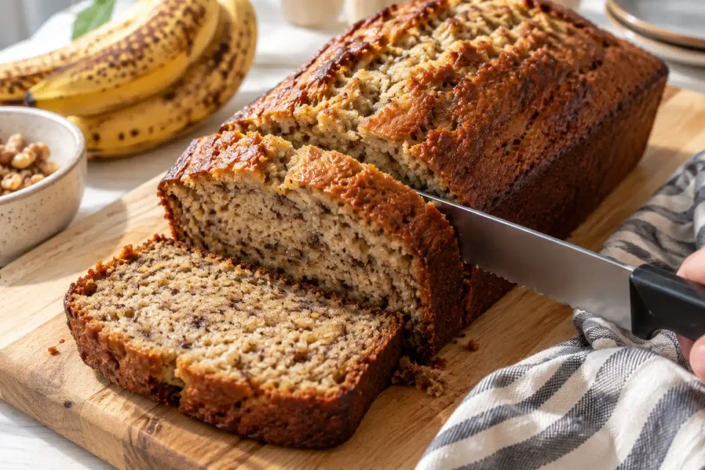 Serrated knife cutting a thick slice of banana quick bread on a light wood board