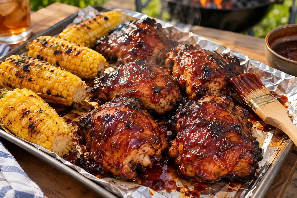 Crockpot Recipes: 12 Hearty Meals That Do the Work While You're Out 7 Glazed barbecue chicken thighs on a foil lined baking sheet with corn