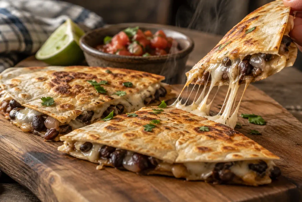 Halved bean and cheese quesadilla with stretchy melted cheese