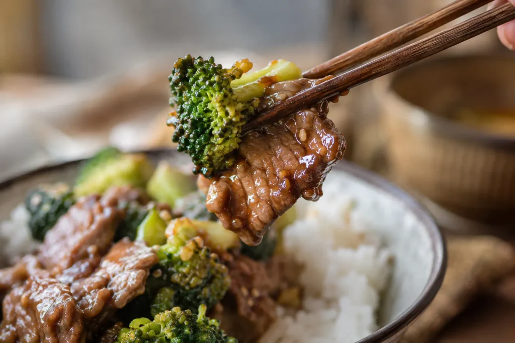 Chopsticks lifting a bite of saucy beef and broccoli with rice underneath