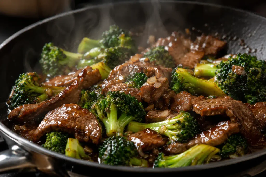 Close up of glossy brown sauce coating beef and broccoli in a skillet