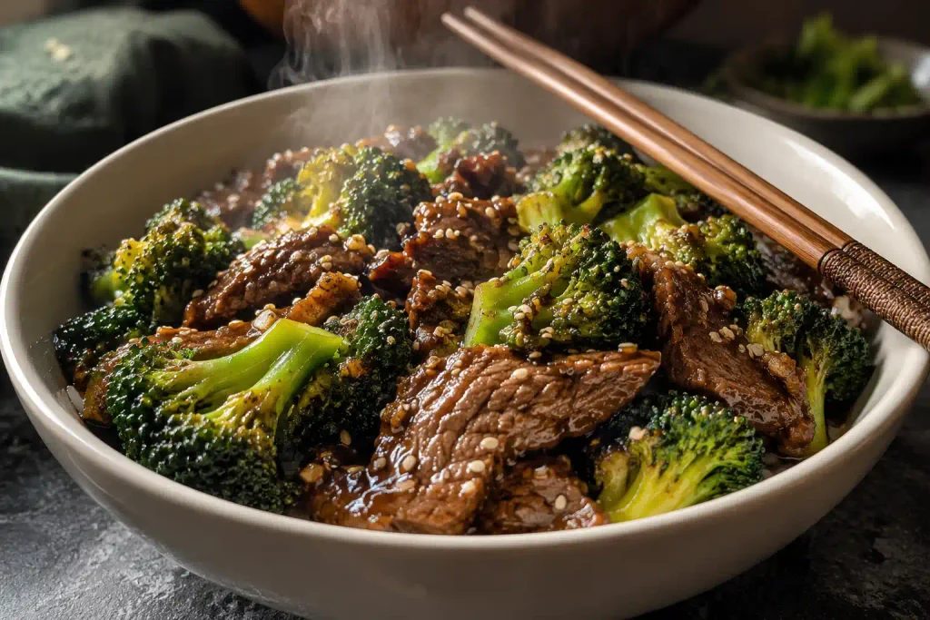 Dinner Ideas: 12 Easy Recipes for Fast Nights and Slow Ones 4 Glossy beef and broccoli in a white bowl with sesame seeds and steam rising