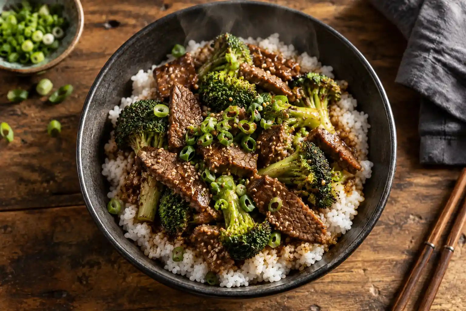 Overhead view of tender beef and broccoli stir fry served over steamed rice