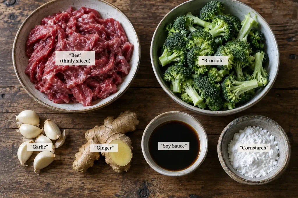Flat lay of raw ingredients for a homemade beef and broccoli stir fry