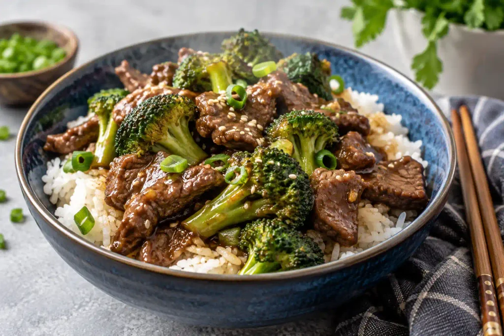 Crockpot Recipes: 12 Hearty Meals That Do the Work While You're Out 5 Glossy beef and broccoli over white rice in a blue bowl with chopsticks