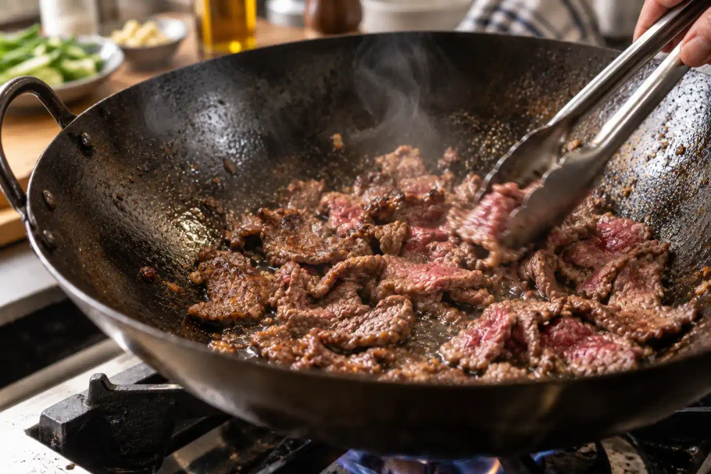 Thin sliced beef searing in a hot wok for an easy beef and broccoli dinner