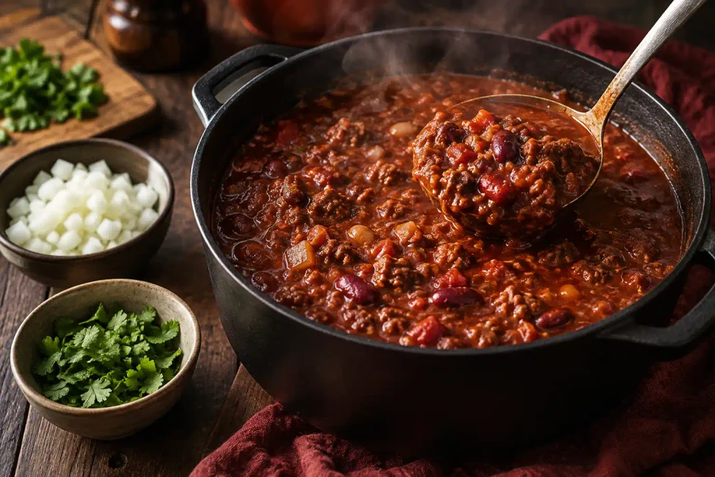 Dinner Ideas: 12 Easy Recipes for Fast Nights and Slow Ones 11 Beef chili simmering in a black Dutch oven with a ladle and bowls of chopped onion and cilantro