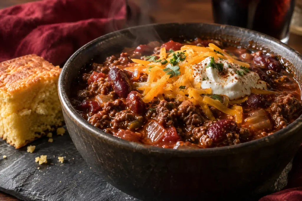 Crockpot Recipes: 12 Hearty Meals That Do the Work While You're Out 11 Bowl of beef chili with kidney beans, sour cream and cheddar beside cornbread