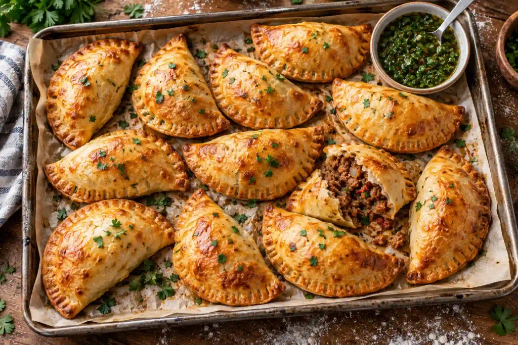 Ground Beef Recipes: 12 Hearty Dinners for Weeknights and Weekends 12 Tray of golden beef empanadas with one broken open to show the filling