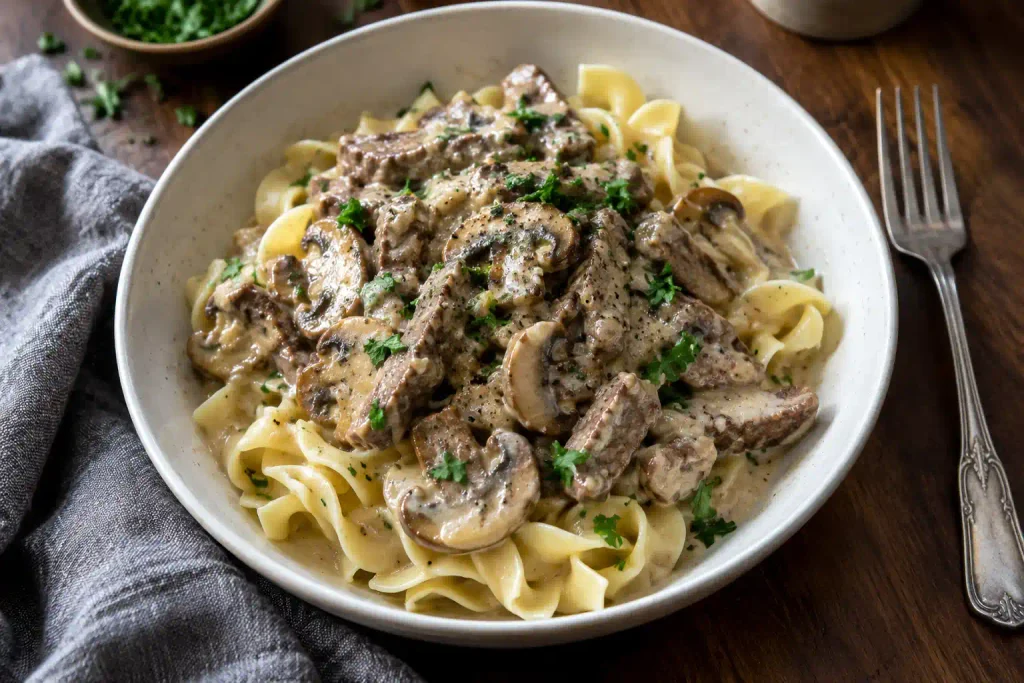Ground Beef Recipes: 12 Hearty Dinners for Weeknights and Weekends 6 Beef stroganoff with mushrooms over egg noodles in a white bowl