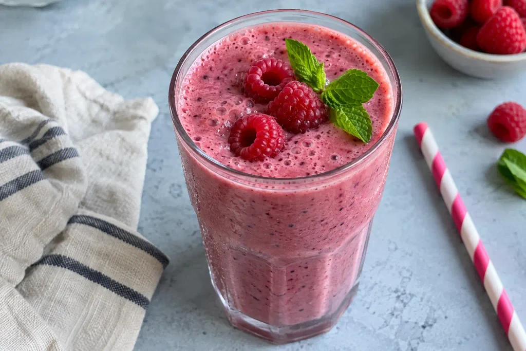 Overhead glass of berry yogurt smoothie topped with fresh raspberries