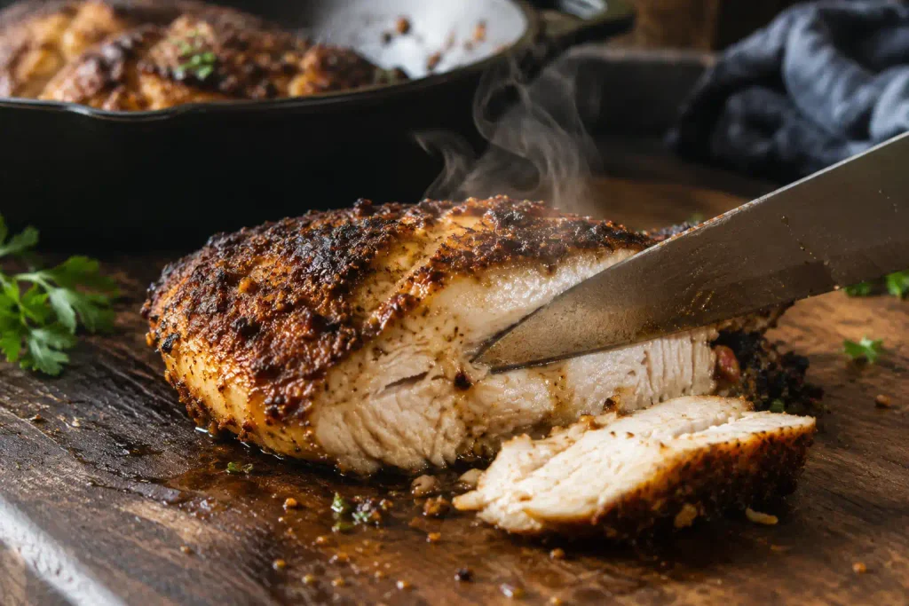 Chicken Breast Recipes: 12 Juicy Ways to Fix Weeknight Dinner 5 Knife slicing a blackened chicken breast with a dark spice crust
