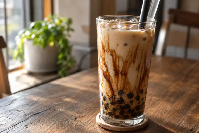 Boba Tea Recipe: Sticky 45 Minute Brown Sugar Boba Milk Tea 1 Glass of brown sugar boba milk tea with tiger stripe syrup and tapioca pearls