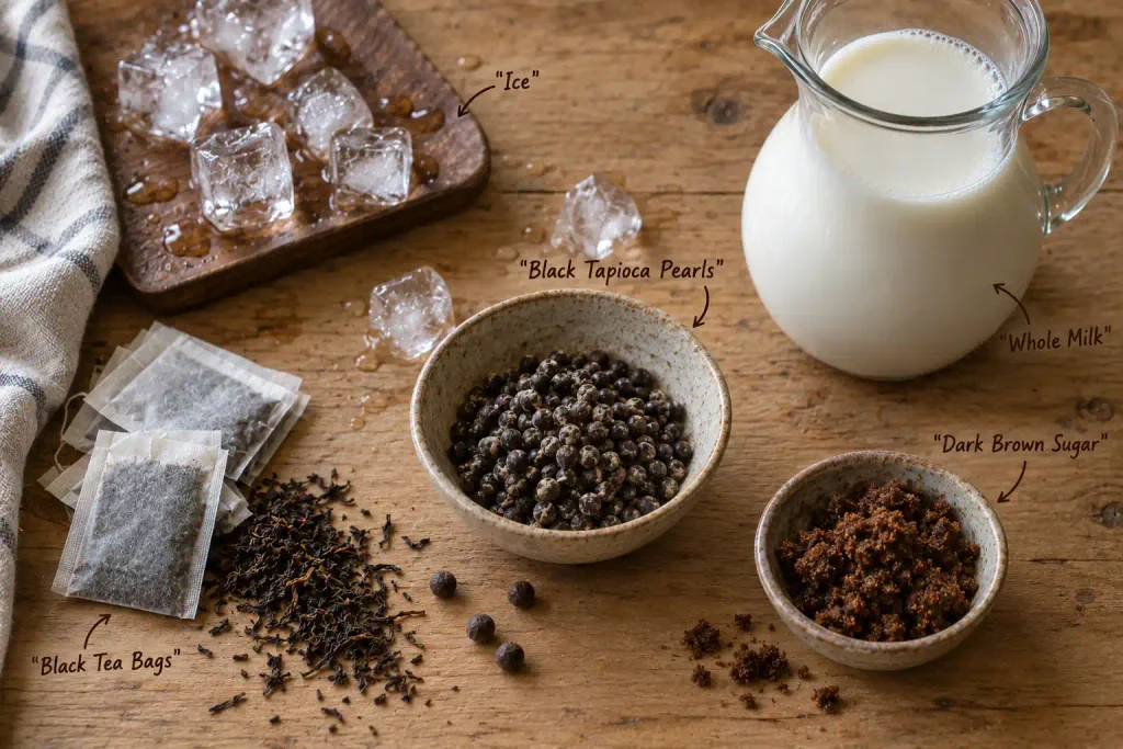 Flat lay of tapioca pearls, brown sugar, tea bags and milk for boba tea