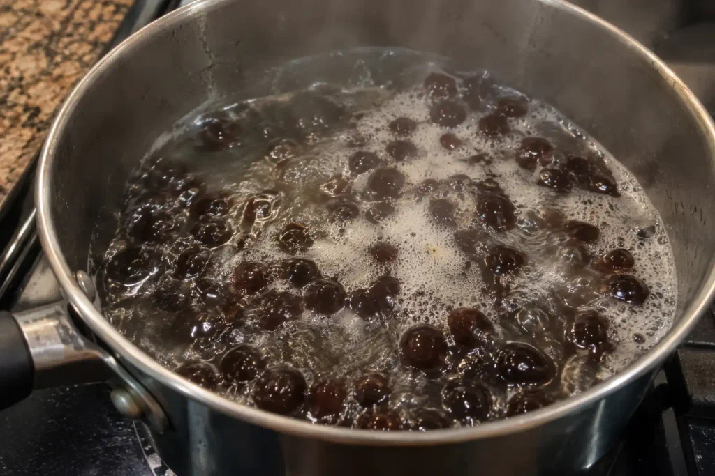 Tapioca pearls boiling and floating in a pot of water for bubble tea
