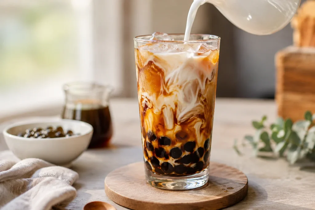 Milk pouring into a glass of brown sugar boba tea with tiger stripes