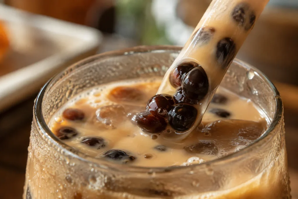 Wide straw lifting tapioca pearls from a glass of brown sugar milk tea