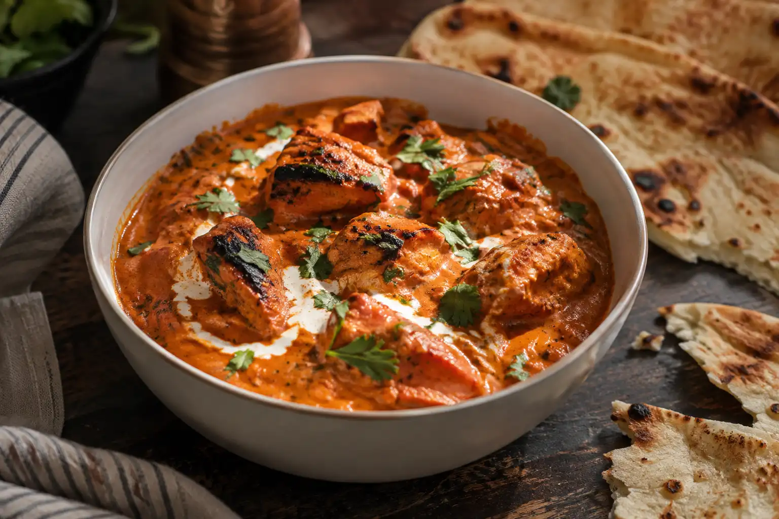 Bowl of butter chicken with charred chicken pieces in creamy tomato sauce
