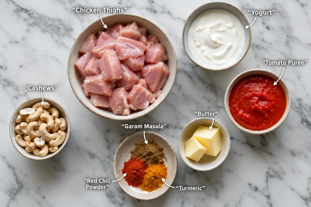 Raw chicken, yogurt, spices and tomato puree laid out for butter chicken ingredients