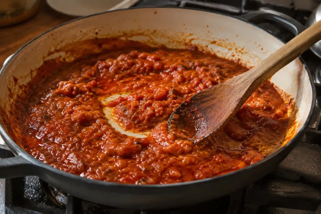 Tomato sauce base reducing for the butter chicken sauce base