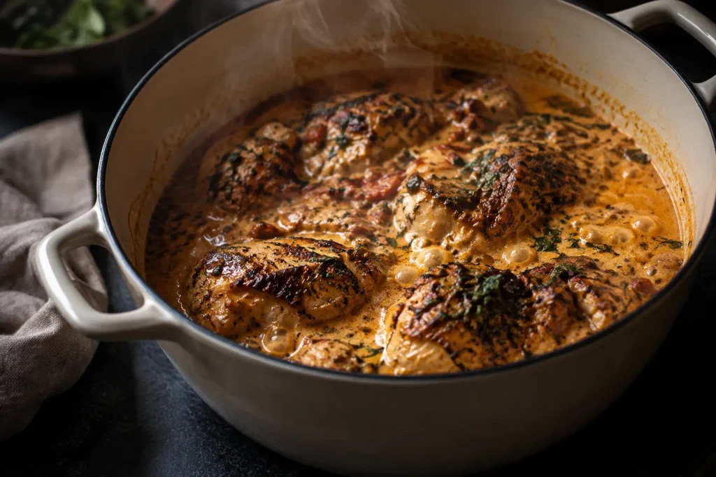Homemade butter chicken simmering in cream sauce in a Dutch oven