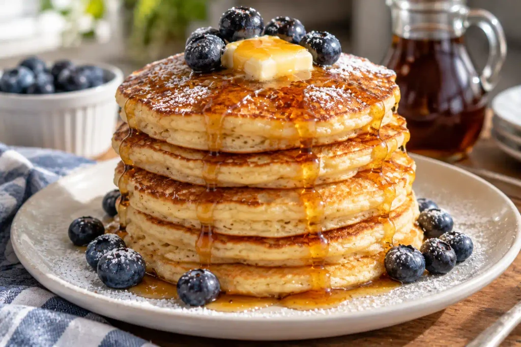Tall stack of buttermilk pancakes with butter and dripping syrup