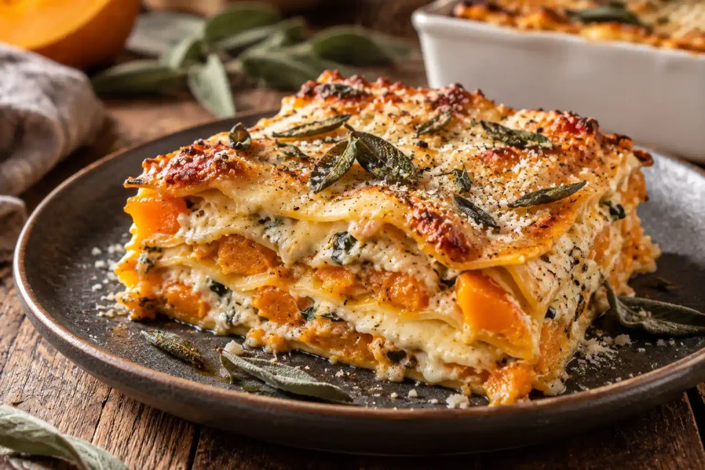 Slice of butternut squash lasagna showing orange squash and white bechamel layers