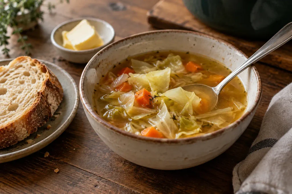 Cabbage Soup Recipe: A Hearty One Pot Dinner Ready in 45 Minutes 6 Easy cabbage soup recipe served alongside a thick slice of crusty bread