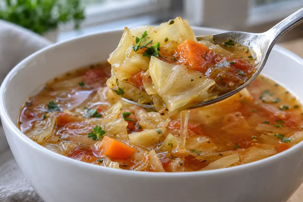 Cabbage Soup Recipe: A Hearty One Pot Dinner Ready in 45 Minutes 7 Spoon lifting a bite of this cabbage soup dinner with broth dripping off