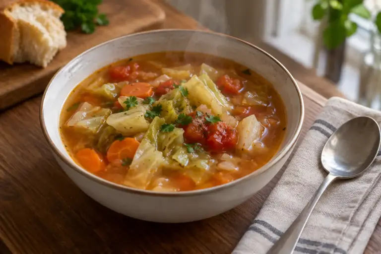 Cabbage Soup Recipe: A Hearty One Pot Dinner Ready in 45 Minutes 8 Bowl of cabbage soup with carrots and tomato in a rich broth on a wooden table