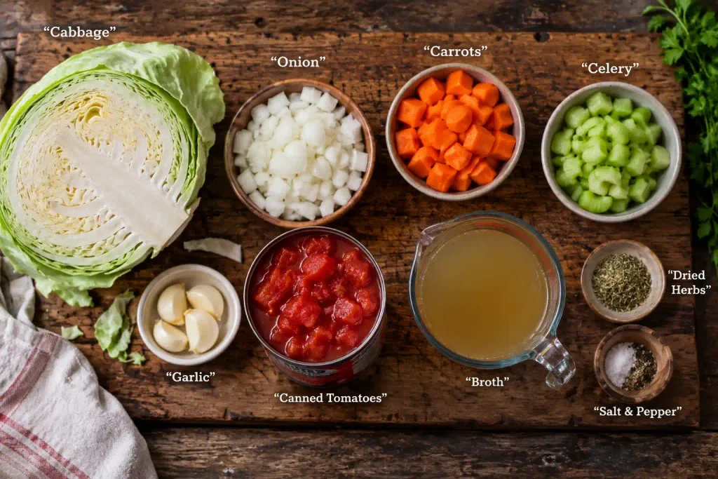 Cabbage Soup Recipe: A Hearty One Pot Dinner Ready in 45 Minutes 3 Overhead flat lay of raw cabbage soup ingredients on a wooden board