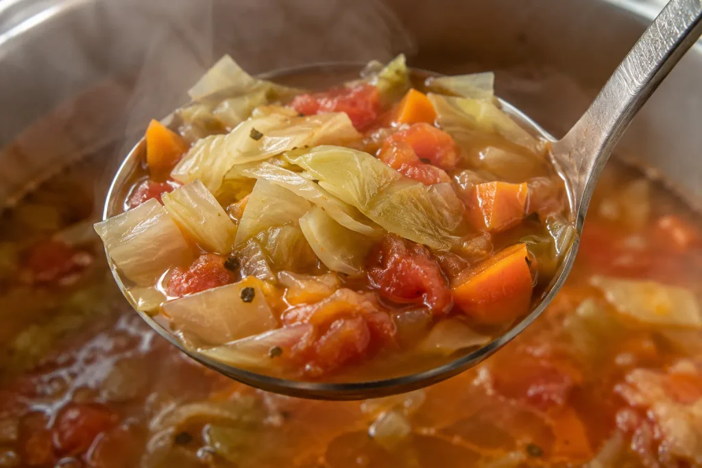 Cabbage Soup Recipe: A Hearty One Pot Dinner Ready in 45 Minutes 4 Close up of cabbage soup broth showing tender cabbage pieces that still hold shape